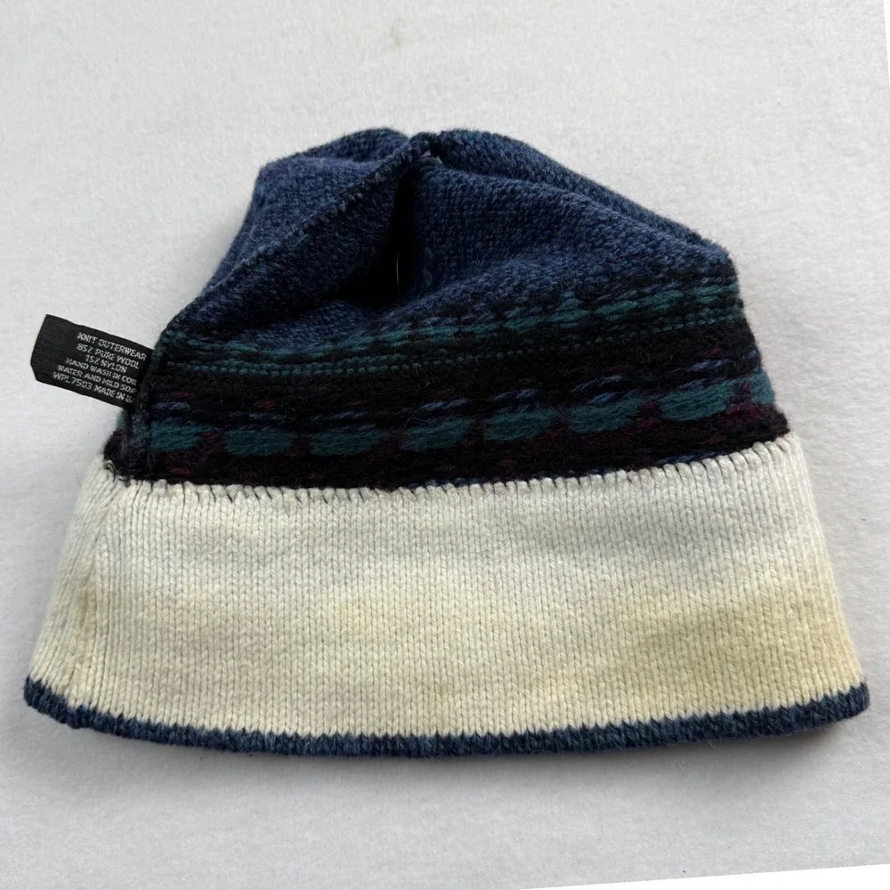 Vintage‎ Wool Fair Isle Beanie Blue Burgundy Geometric Knit Hat Made in USA